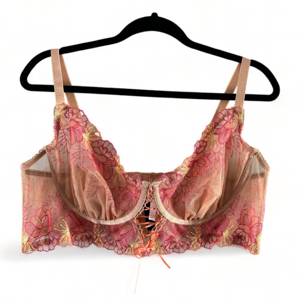 NWT Torrid Size 2X Multicolor Floral Mesh Embroidered Lace-Up Underwire Bra